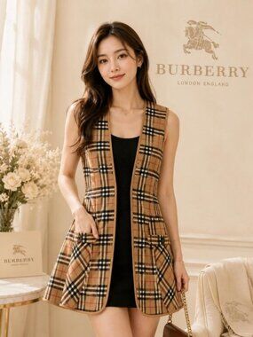 Authentic Burberry Vintage Check Sleeveless Coat - Beige Like New